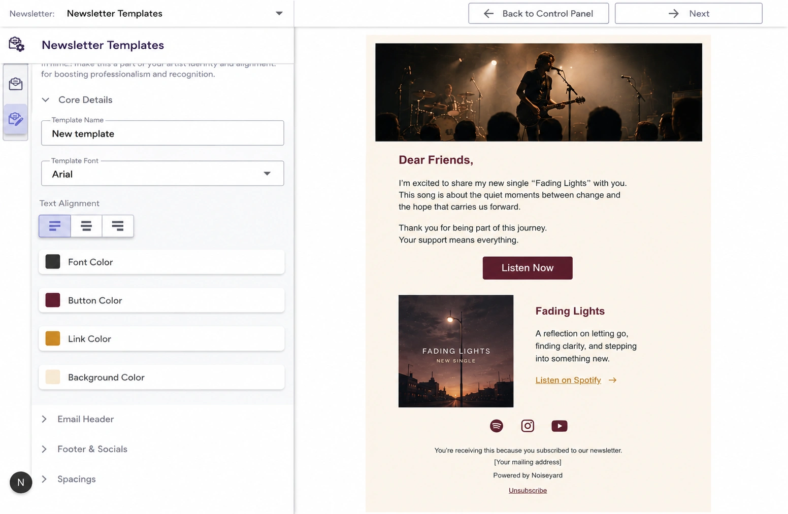 Newsletter builder on a musician website with a draft email to fans
