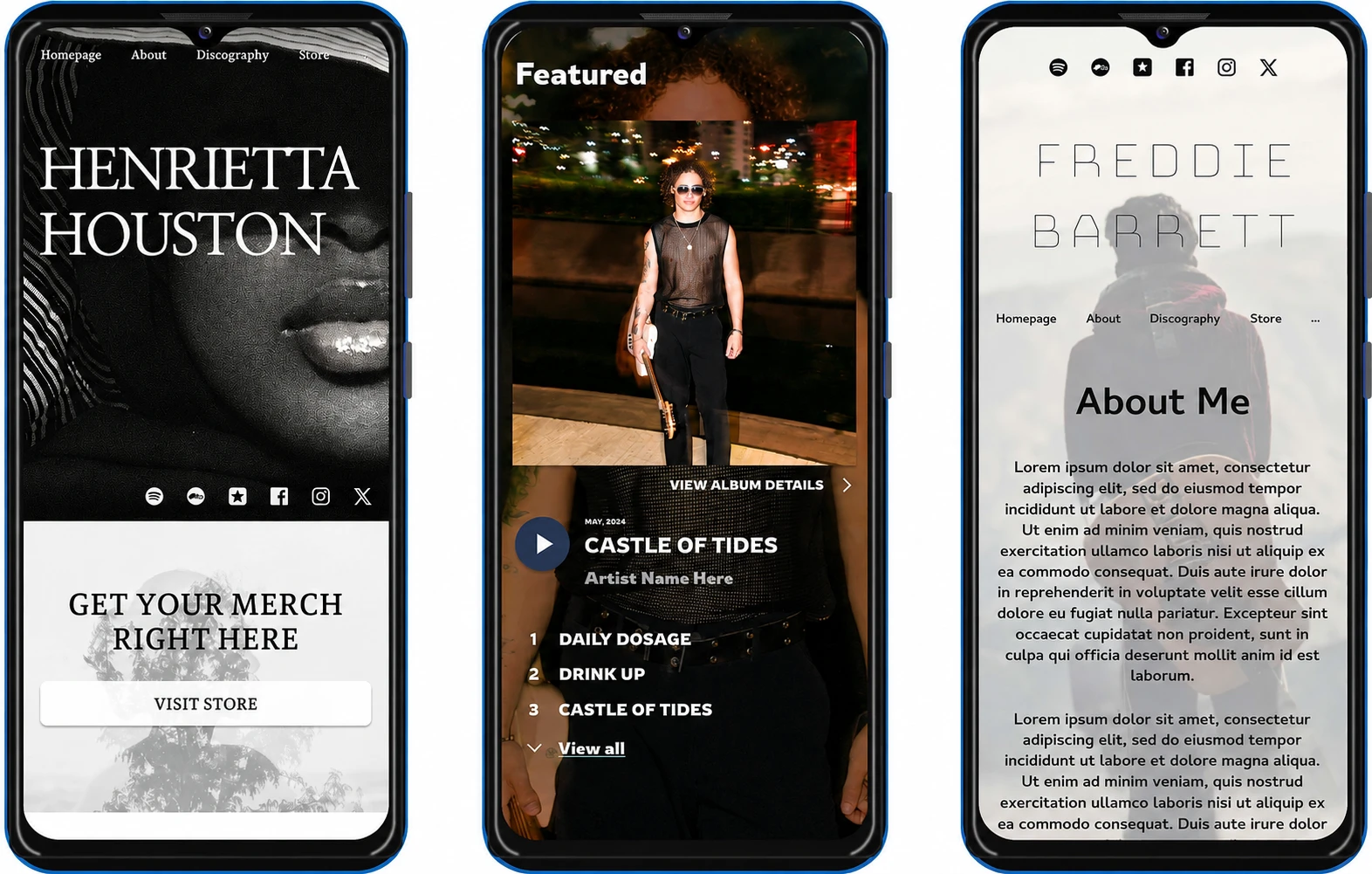 Musician website shown on two phones with the artist's music on the homepage