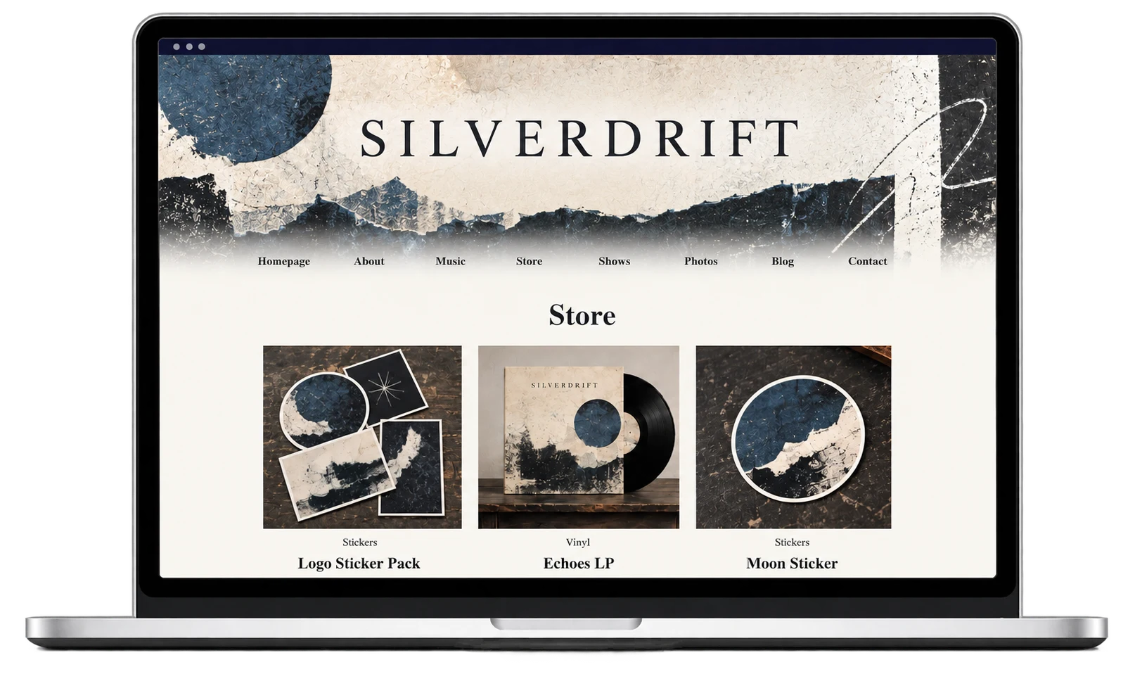 Music website store showing a sticker pack listed as a low-priced product beside a record