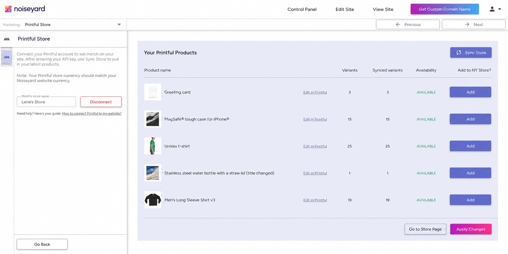 Control panel showing synced Printful products ready to add to a music website store