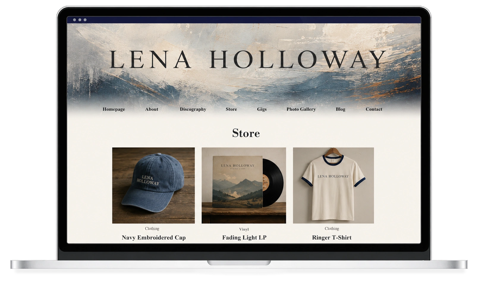 Music website store page showing vinyl records and merch available to order