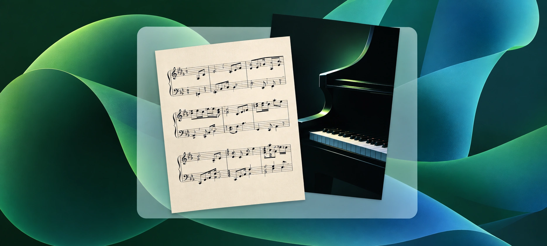 a piano and music sheet on a green background