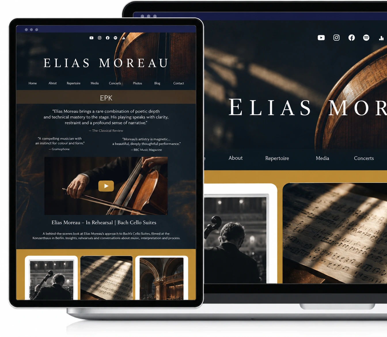 Noiseyard EPK showing a release announcement, featured music and press photos