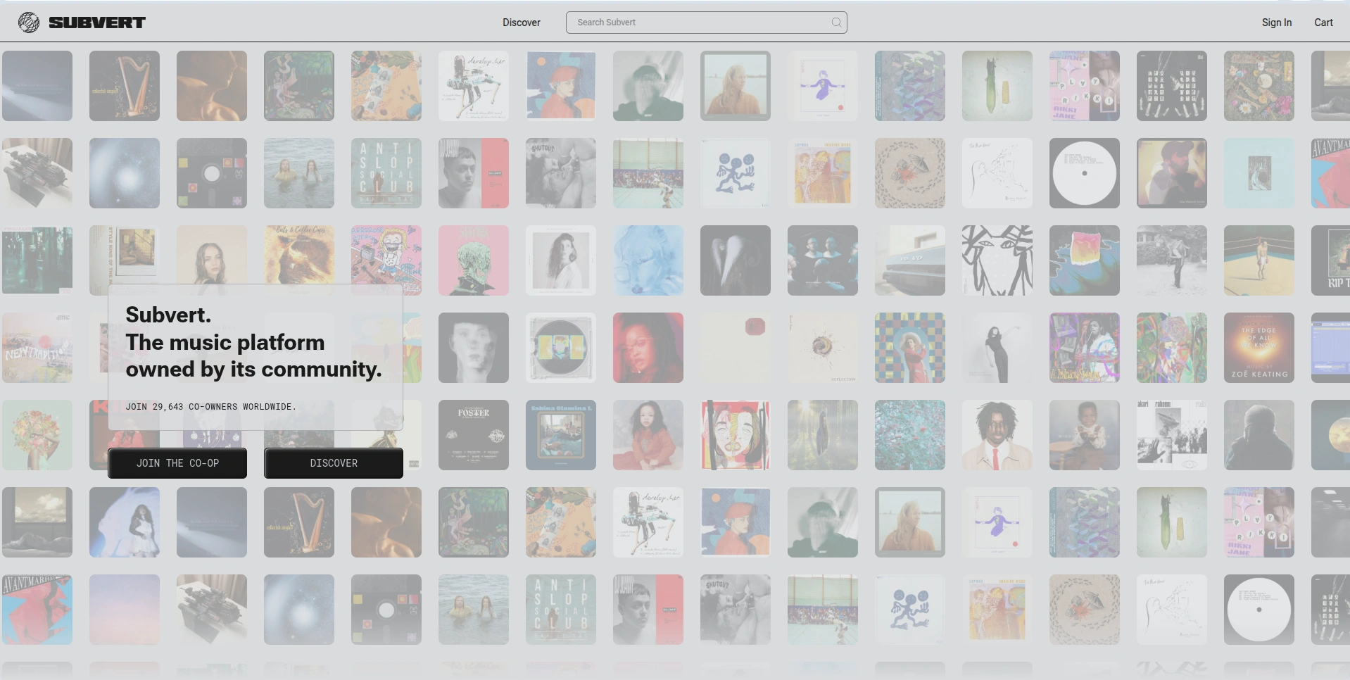 Subvert homepage showing its co-op music marketplace and featured releases