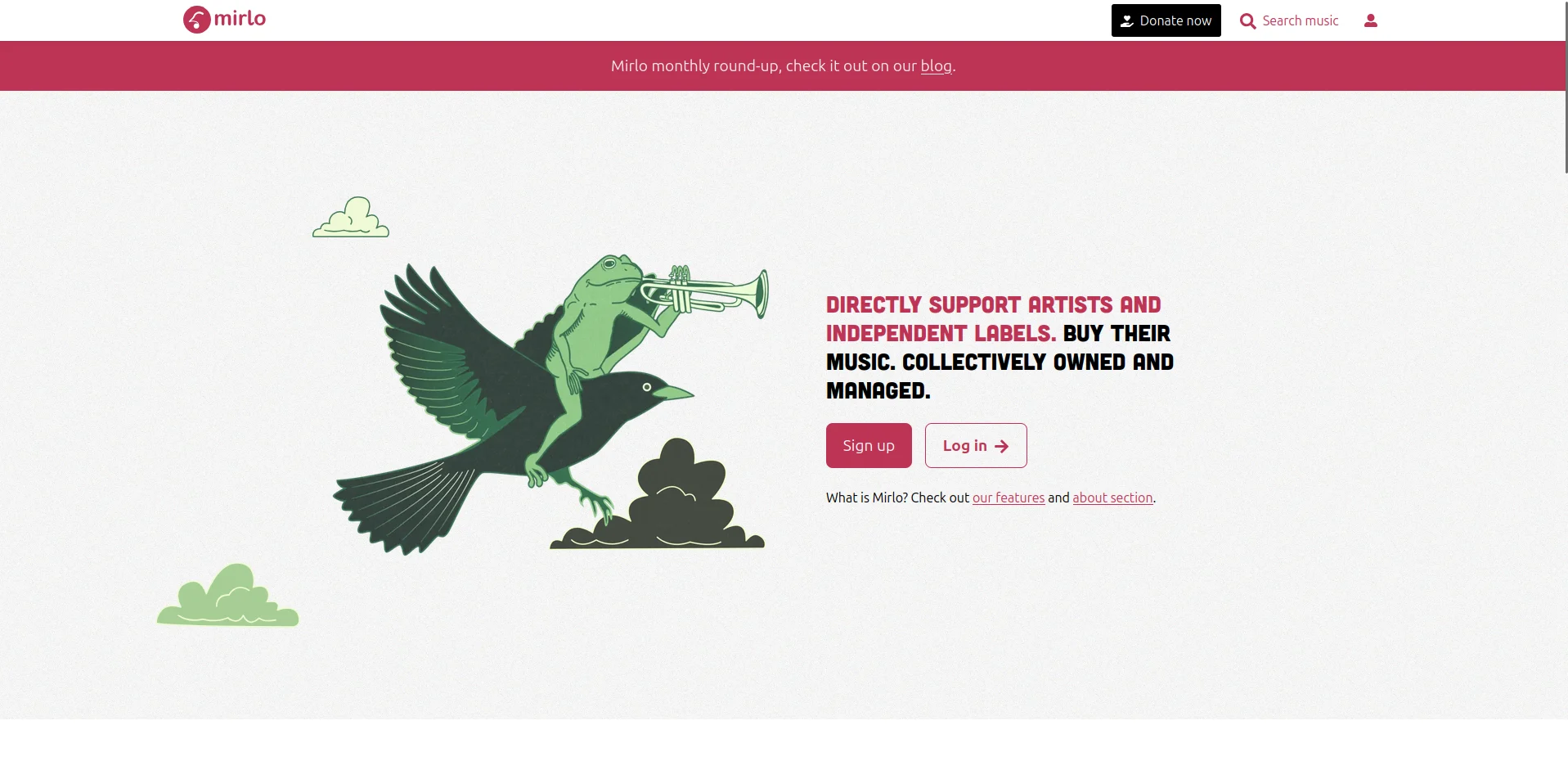 Mirlo homepage showing its open source music store and recent releases