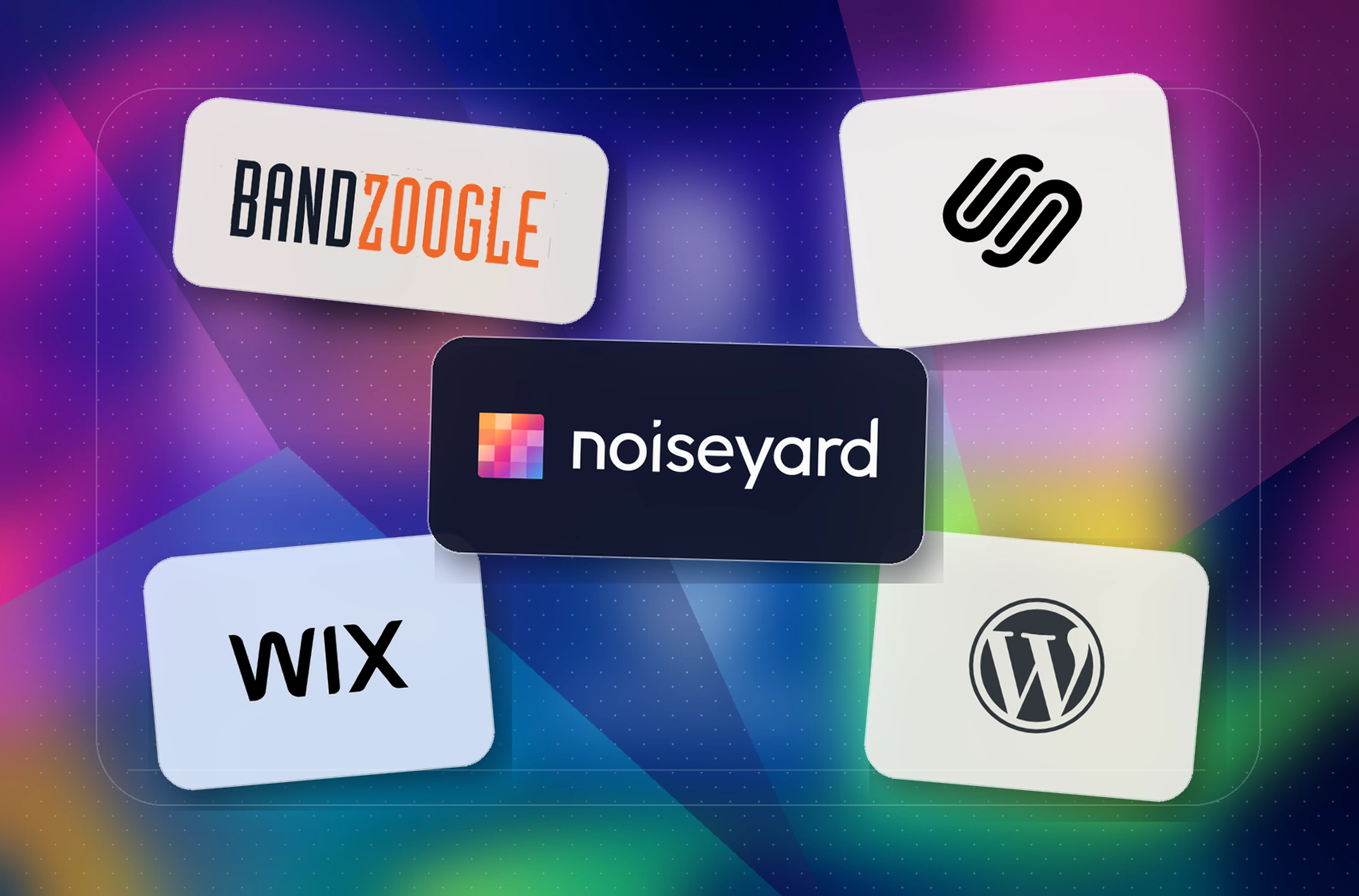 a group of logos with the words brand, zoogle, noiseyard, and wix