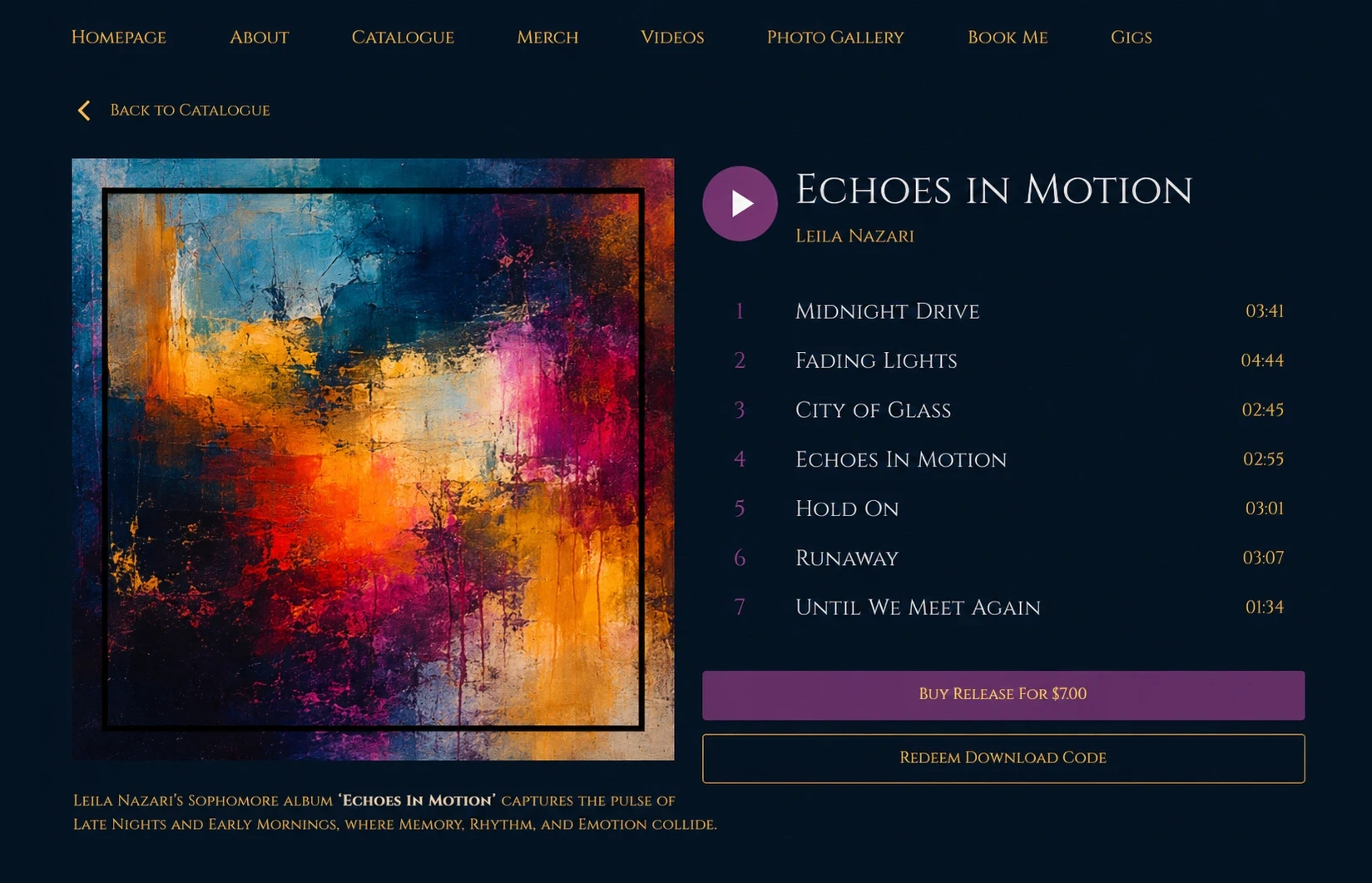 Music website discography page showing an album with its track list and a buy button