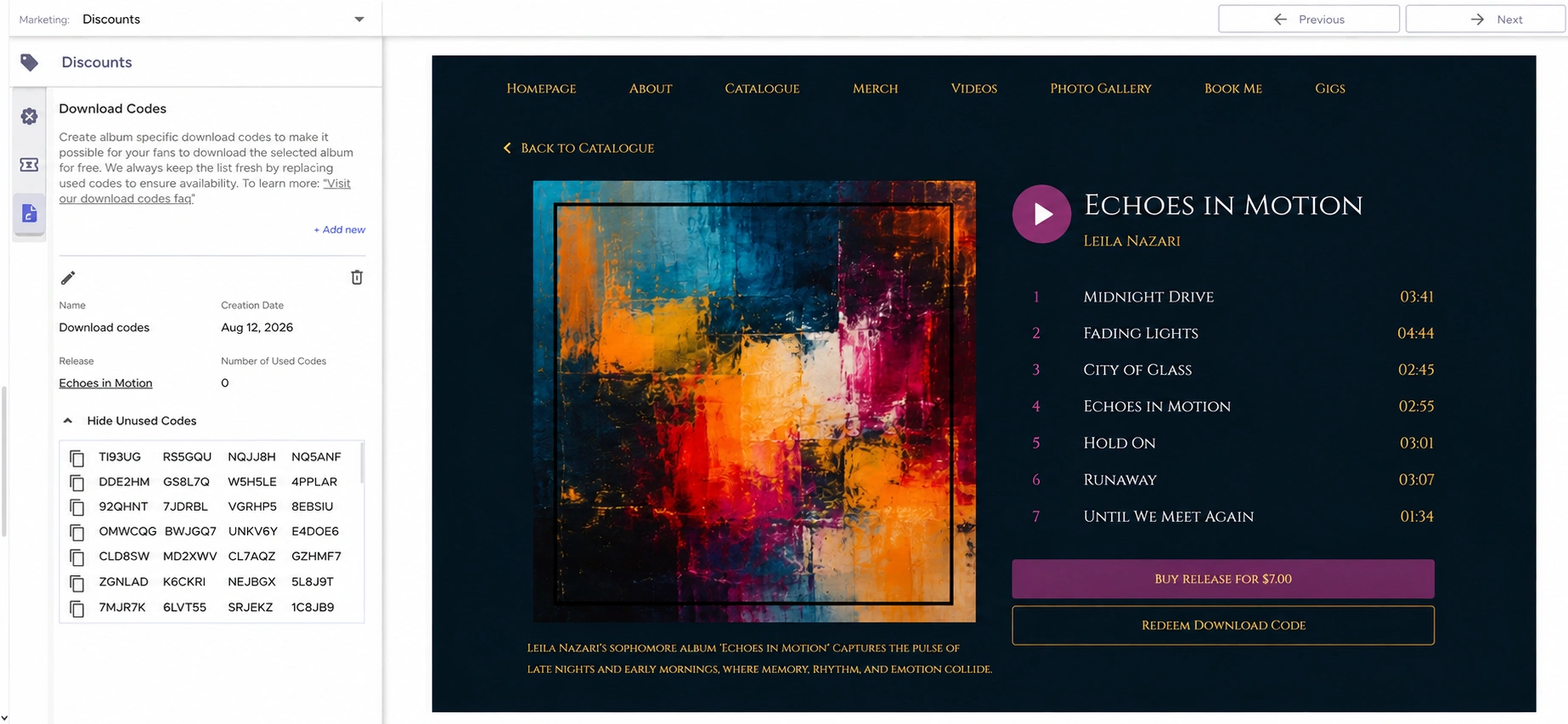 Download codes panel showing a code collection with its release and used code count