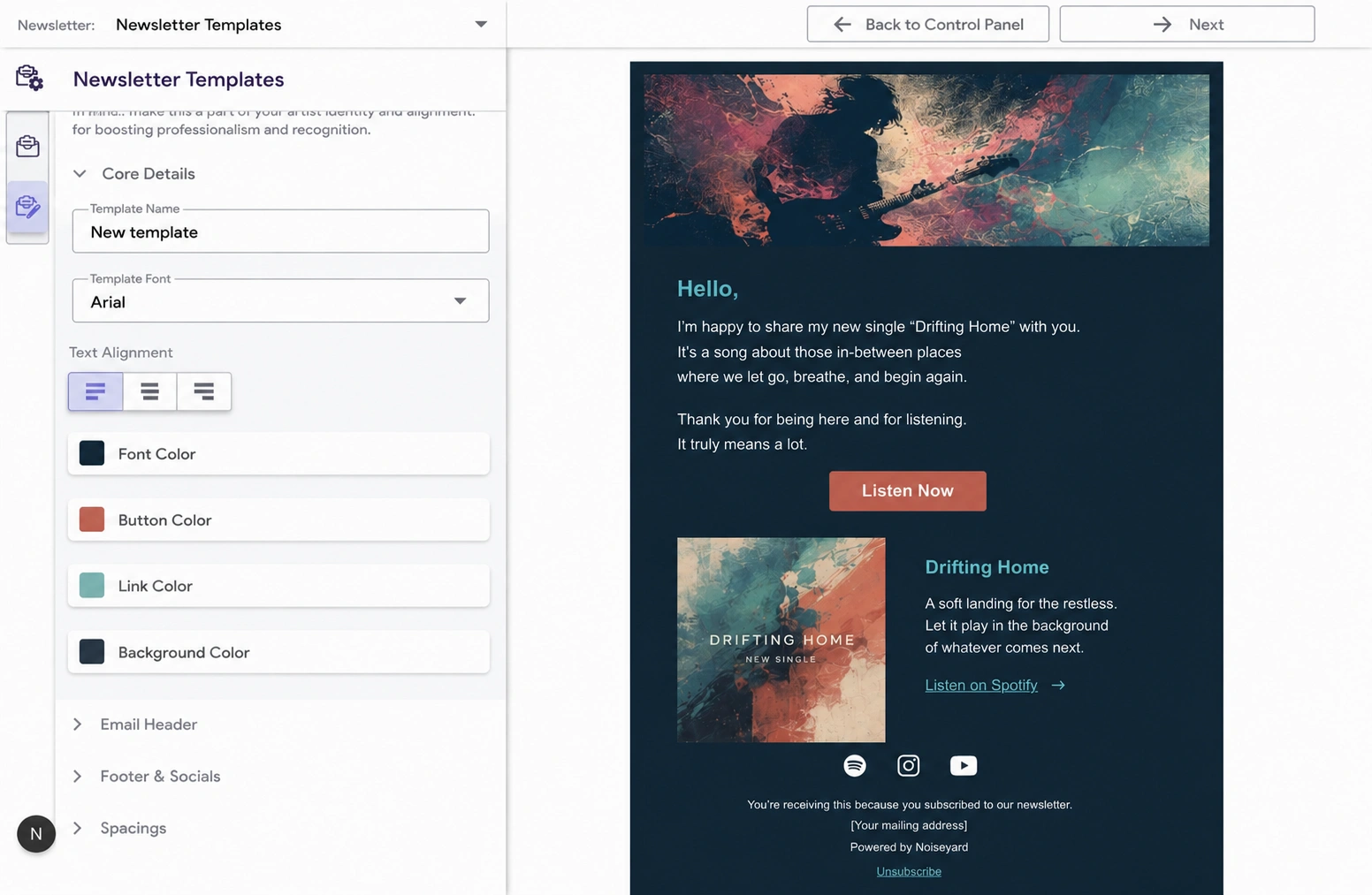 Newsletter composer showing a subject line, short email body, and one button