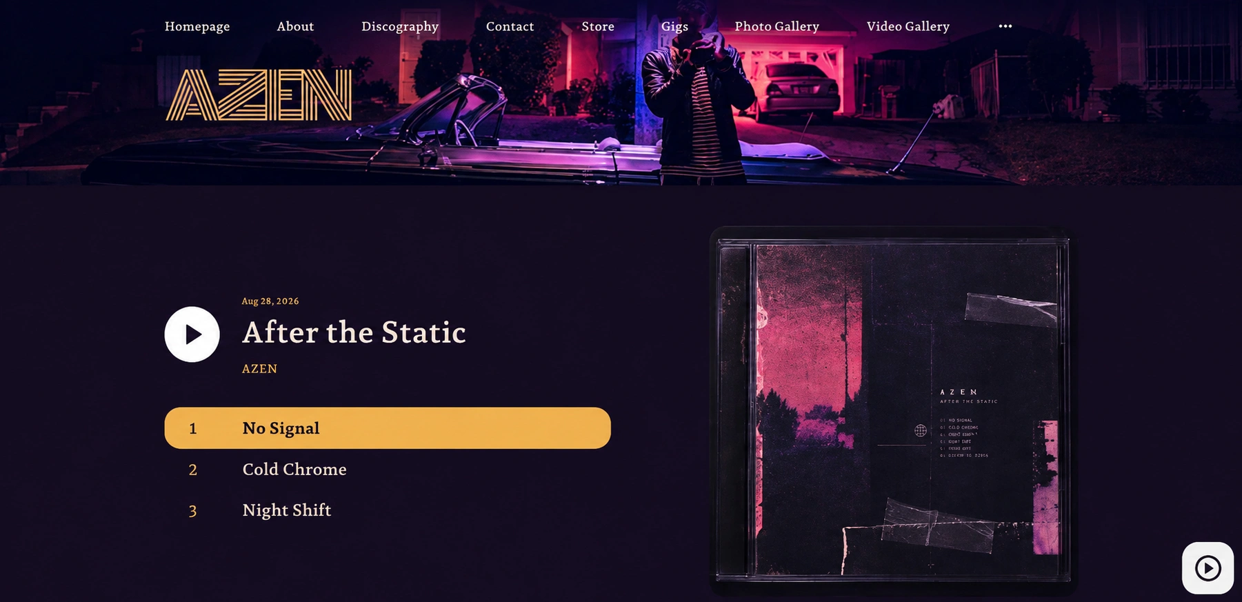 Homepage "featured release" section on a music website showing an embedded music video