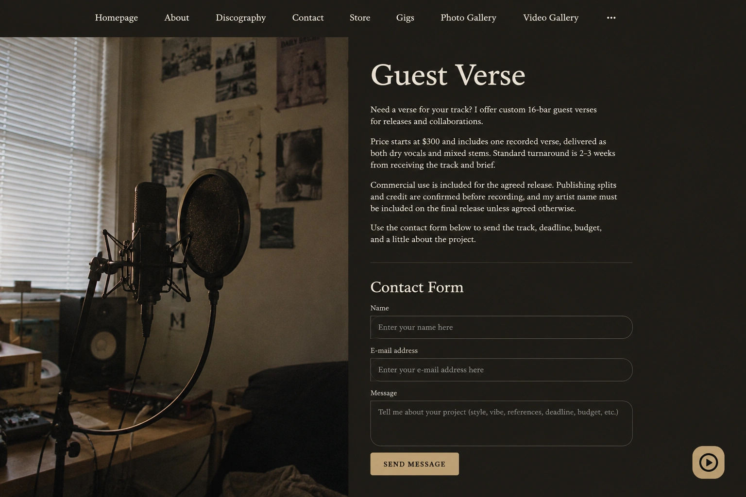 Service page on a music website showing a named service with its description and a link