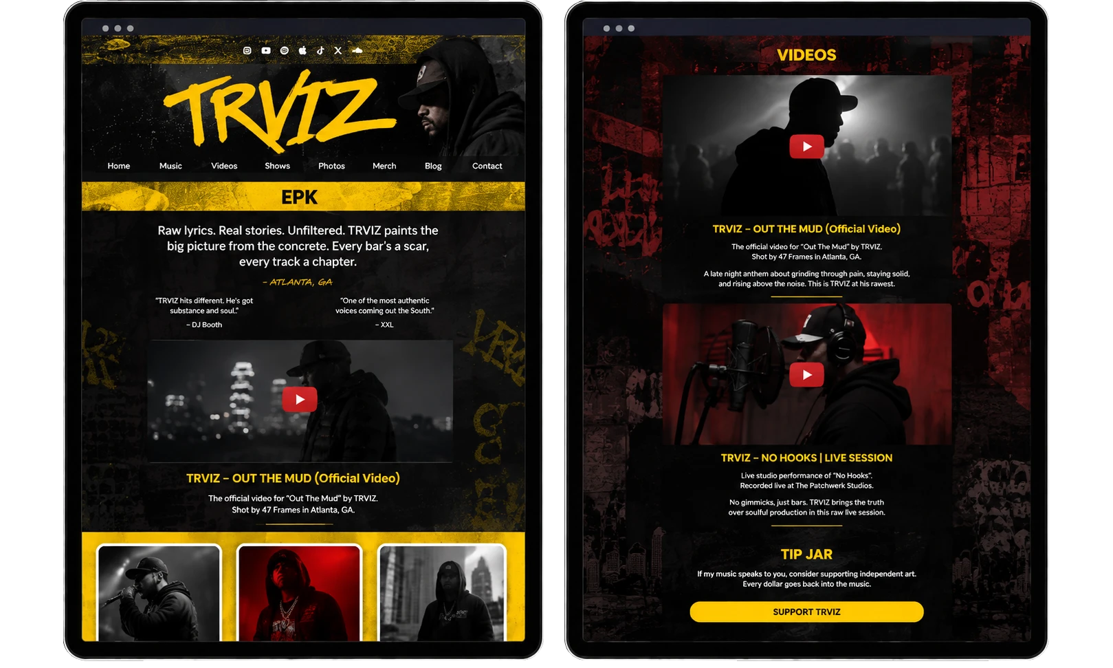 EPK page showing an artist bio, press photos, and the booking contact