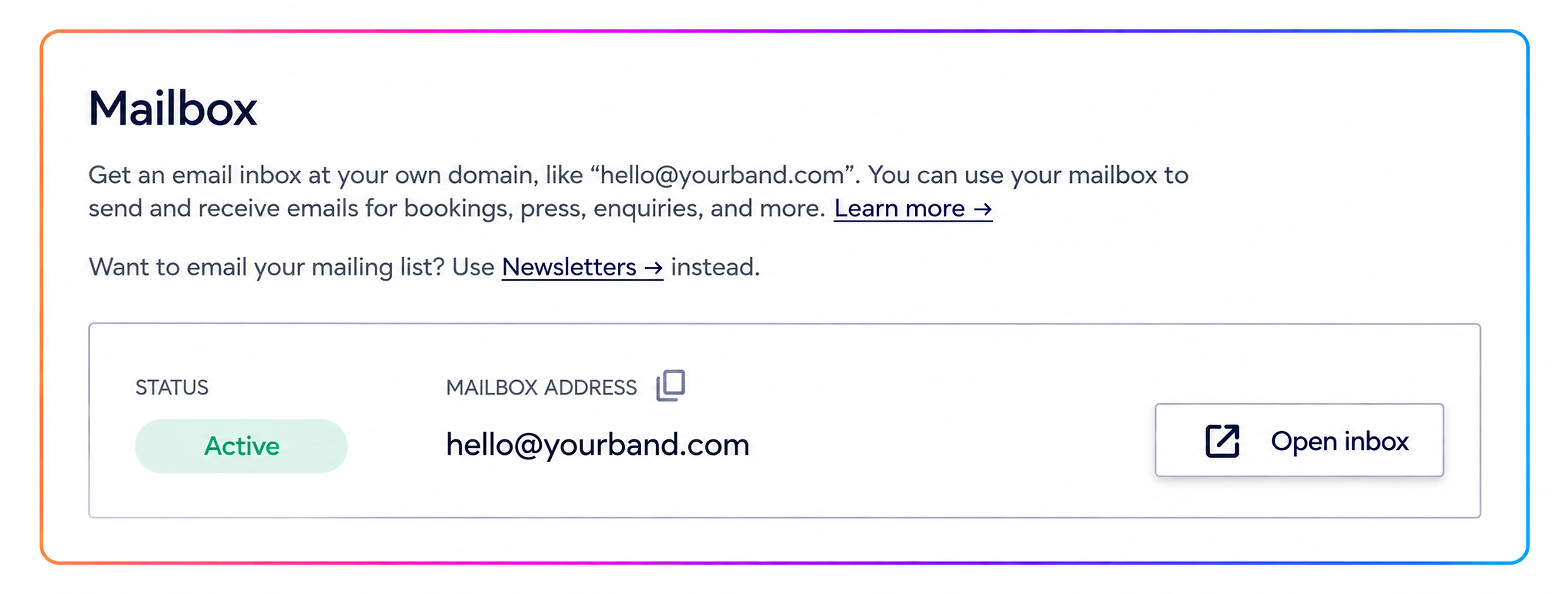 Main mailbox address and additional receiving addresses on the Noiseyard Mailbox page