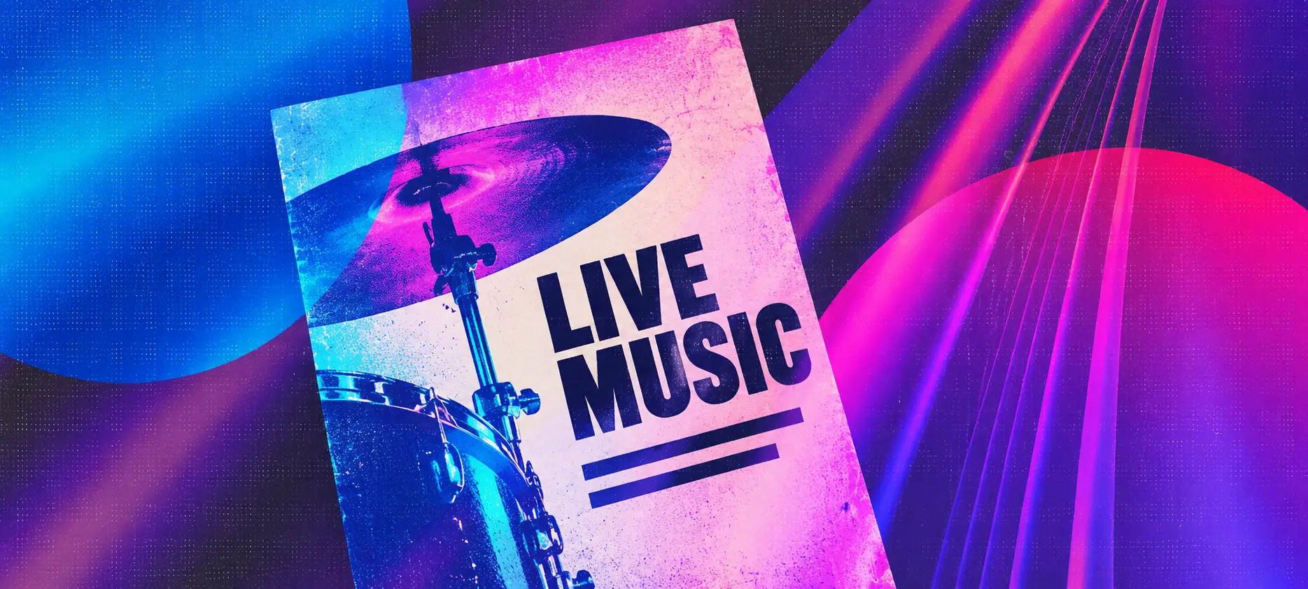 a live music banner with a drum on it