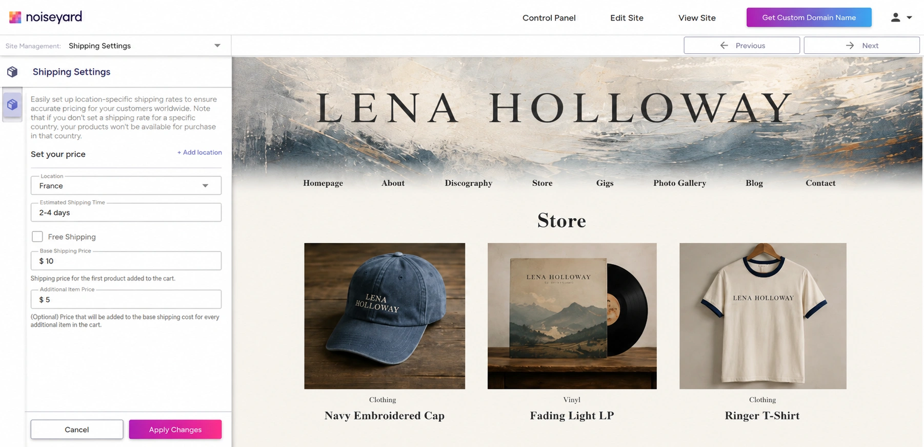 Store shipping settings with a country, a one-item price, and an additional-item price