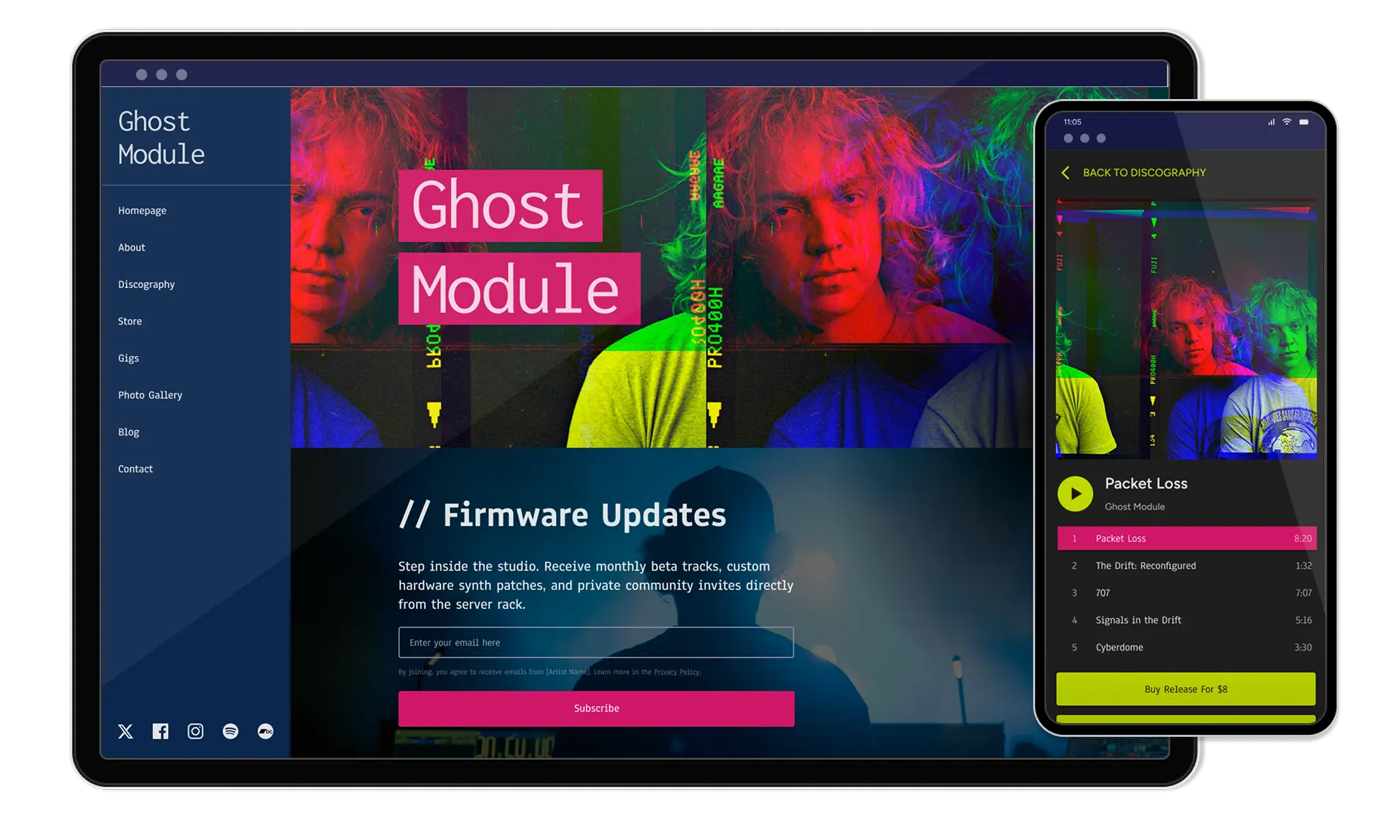 How to Build an Email List as a Musician (and What to Send): a tablet and a phone displaying the ghost mobile website