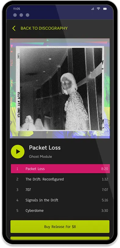 Mobile release page with cover artwork, a player and streaming links