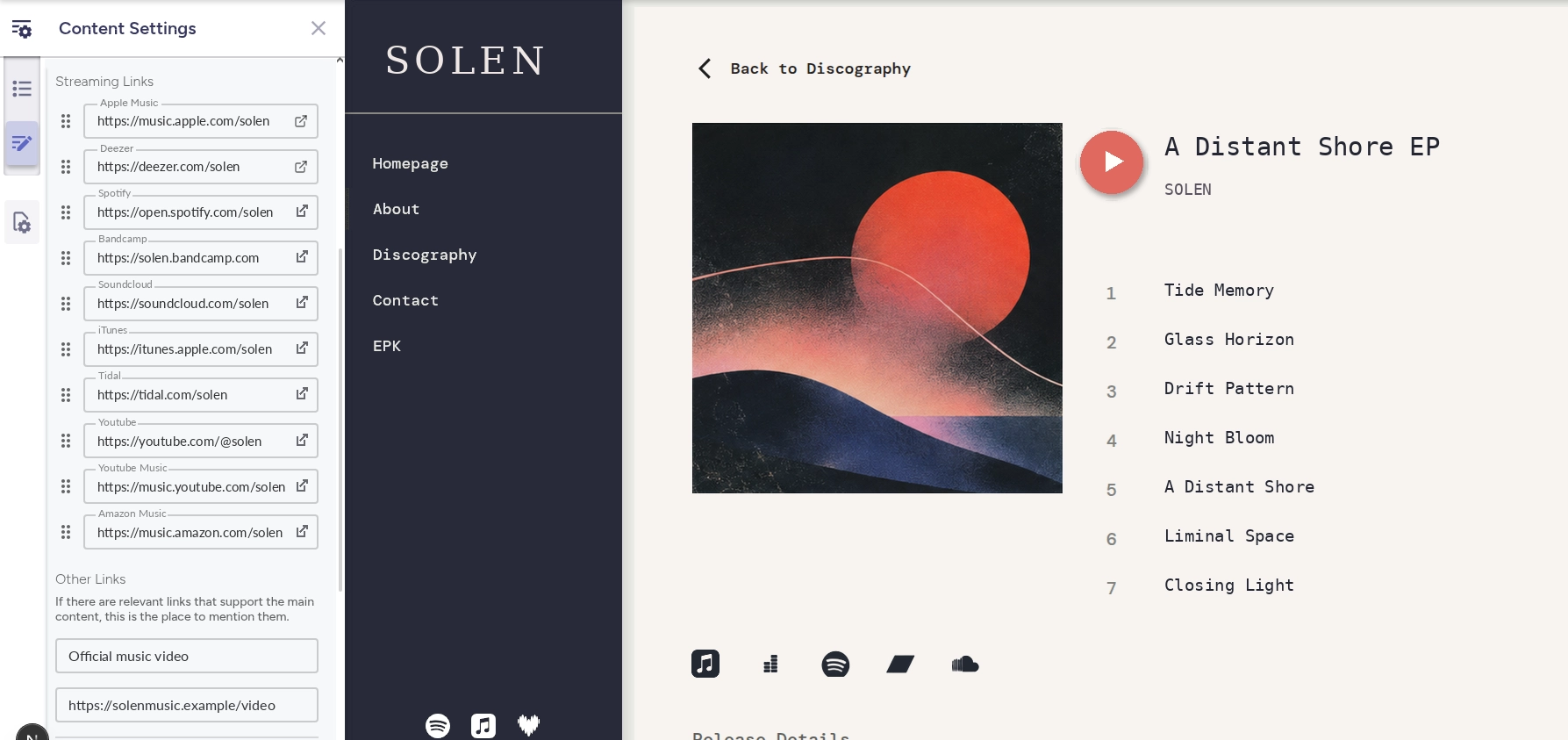 Release editor with Spotify and Apple Music links and test controls