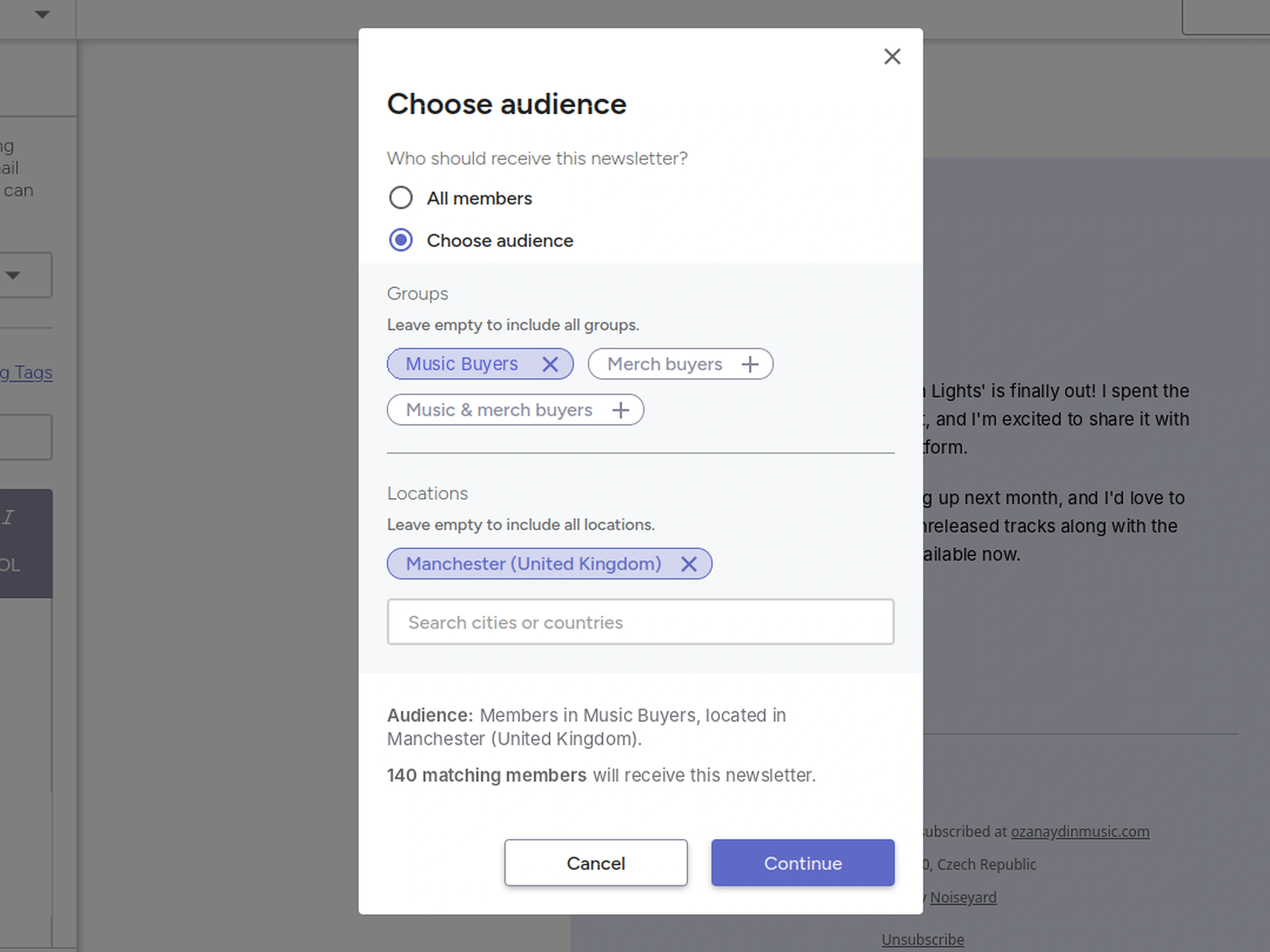 Newsletter audience selection with Manchester selected and a matching subscriber count