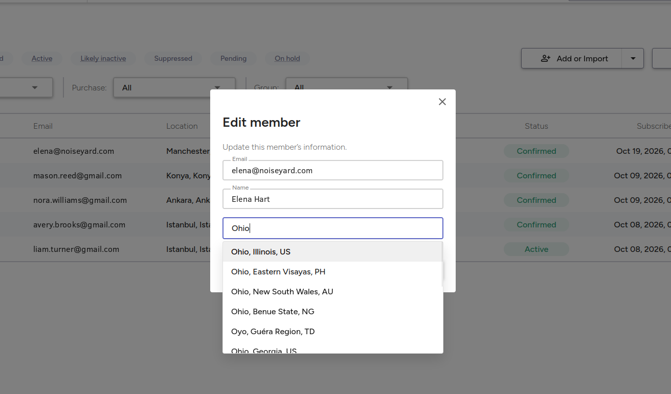 Mailing list member editor with a city selected in the location field