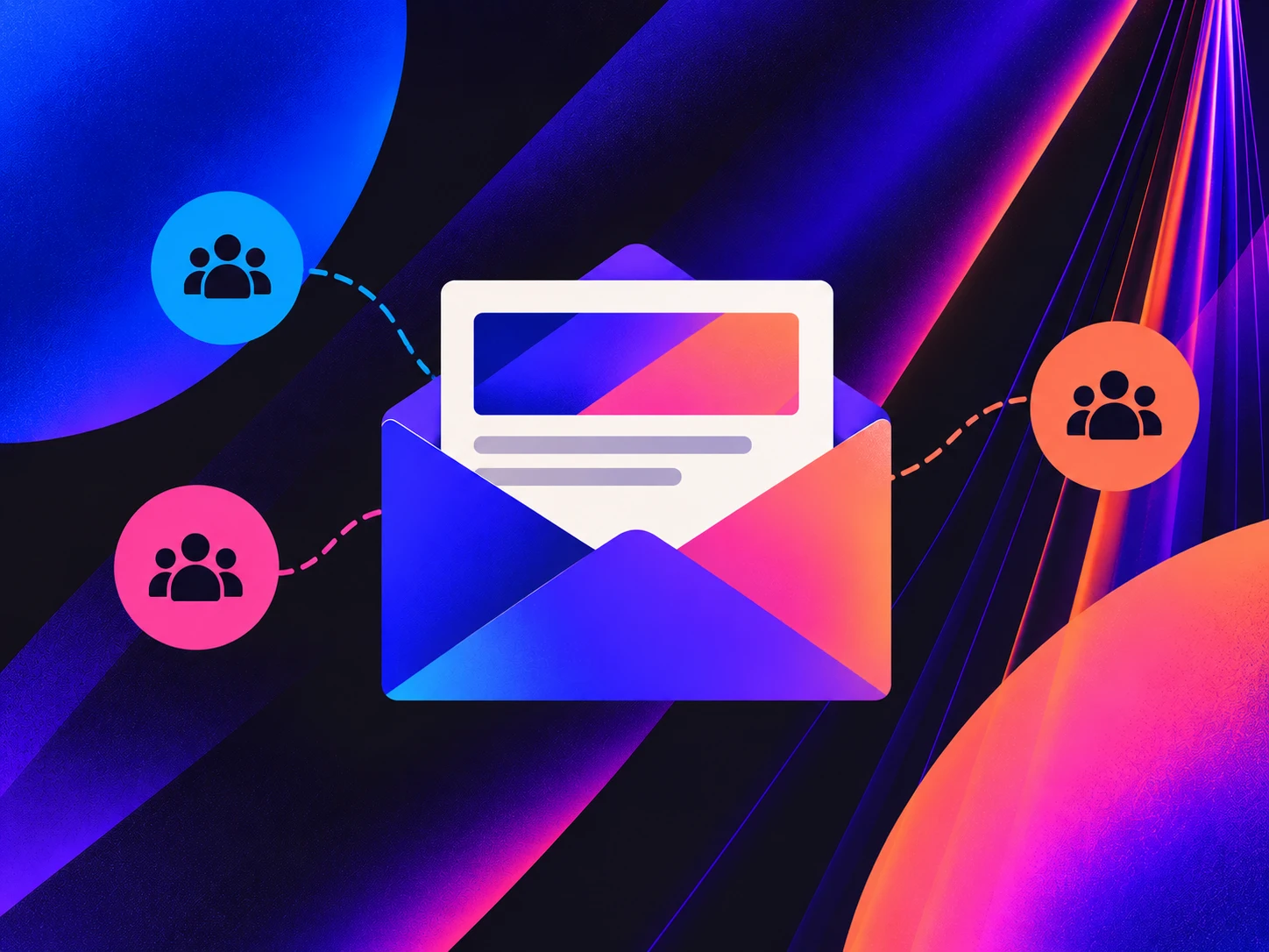 a blue and purple background with an envelope and people around it