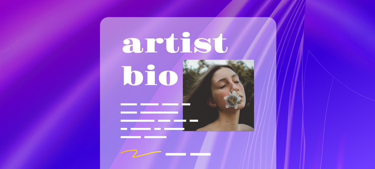 Noiseyard website builder for musicians, blog post: a purple background with the word artist bio on it