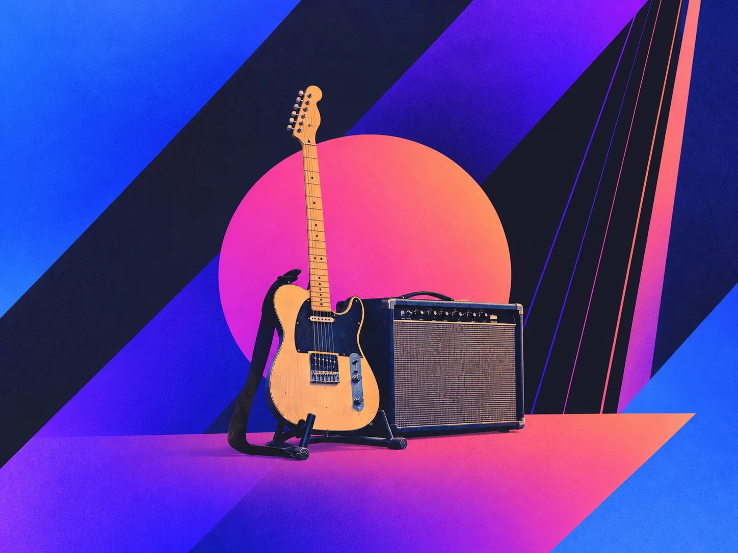 a guitar and amp in front of a colorful background