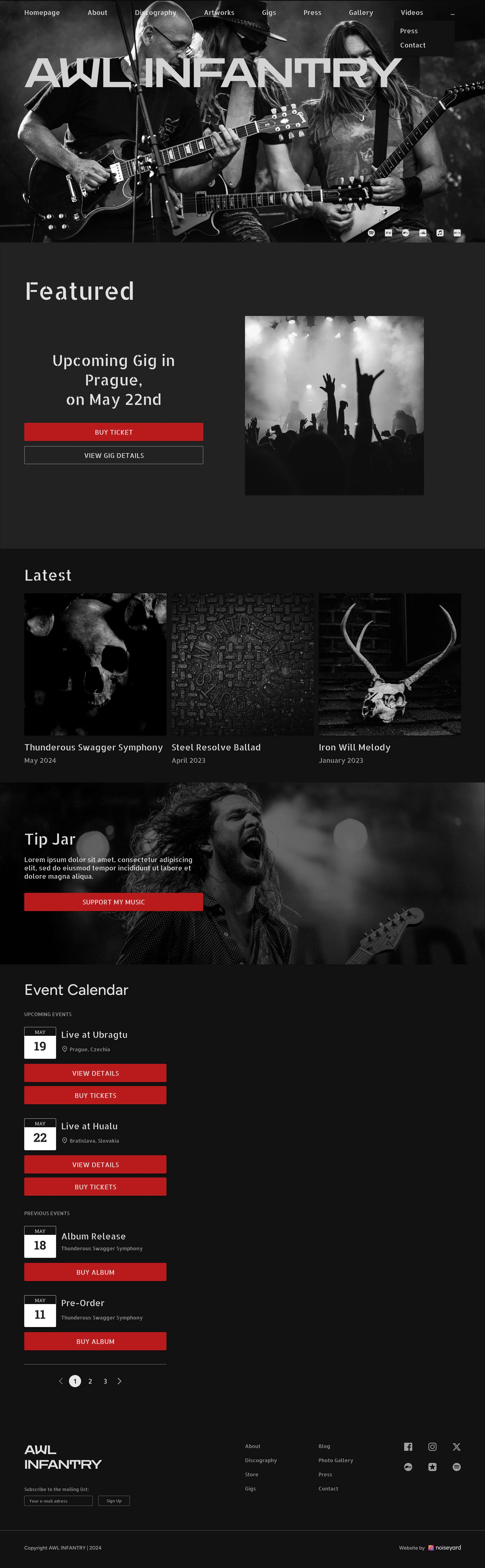 a black and white website design for a band