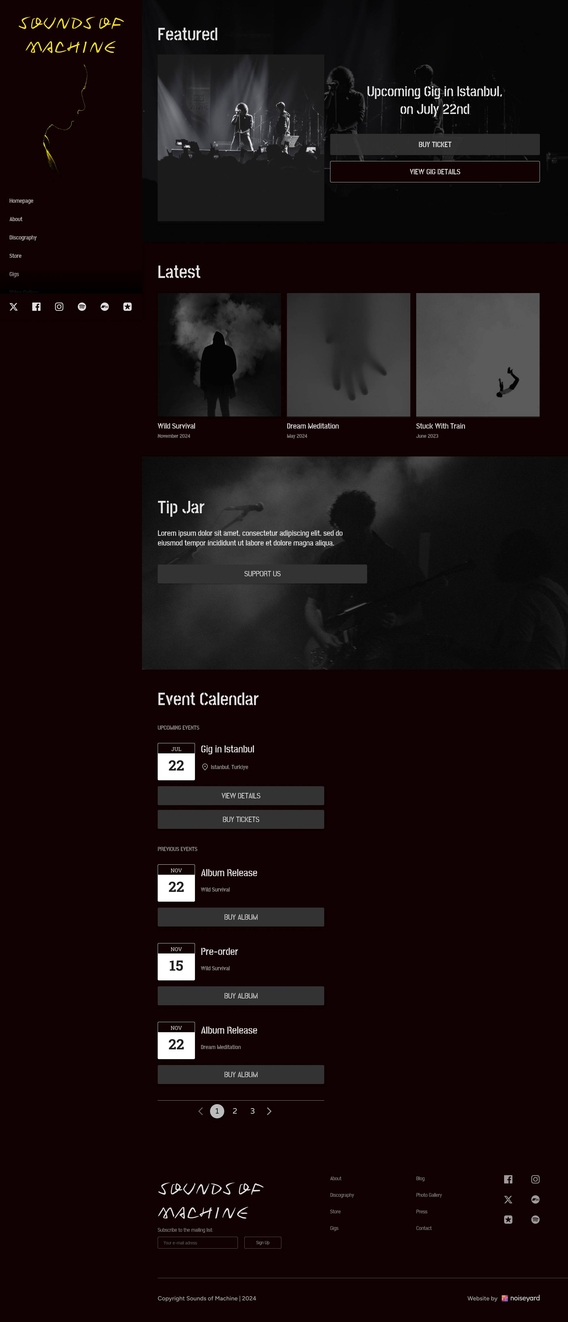a black and white website with a black background