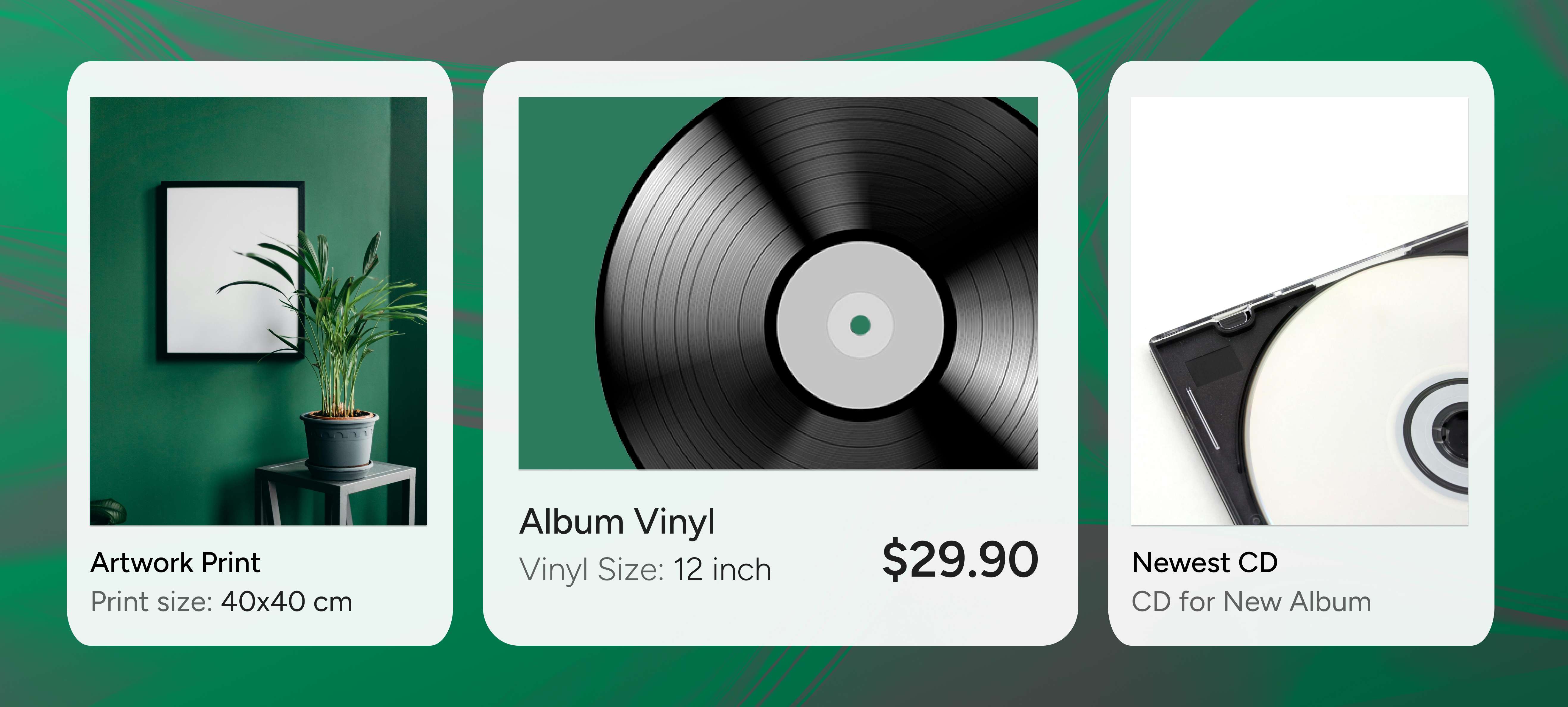 [object Object]: a green background with a picture of a cd and a plant