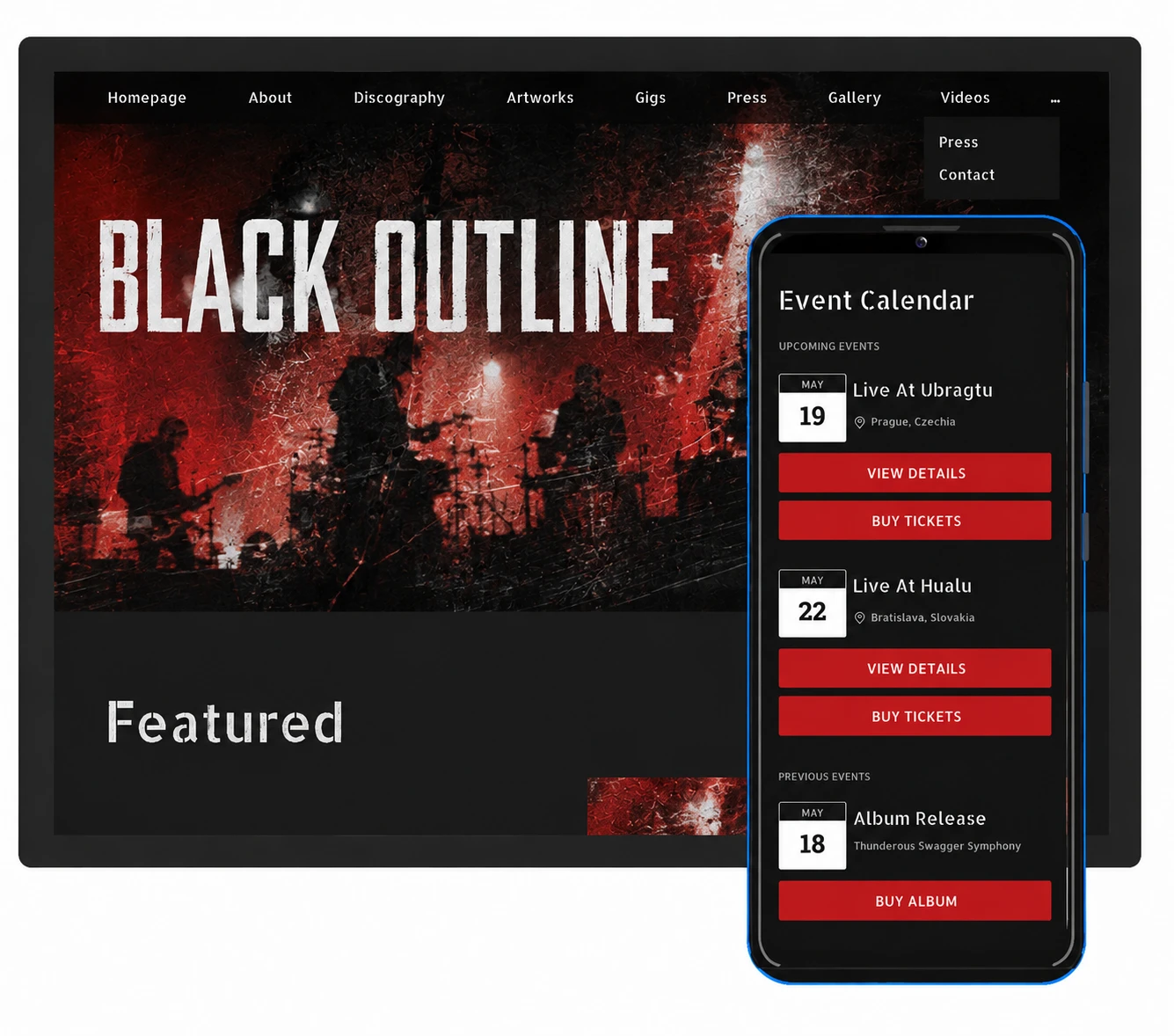 Noiseyard musician website builder mockups on multiple devices