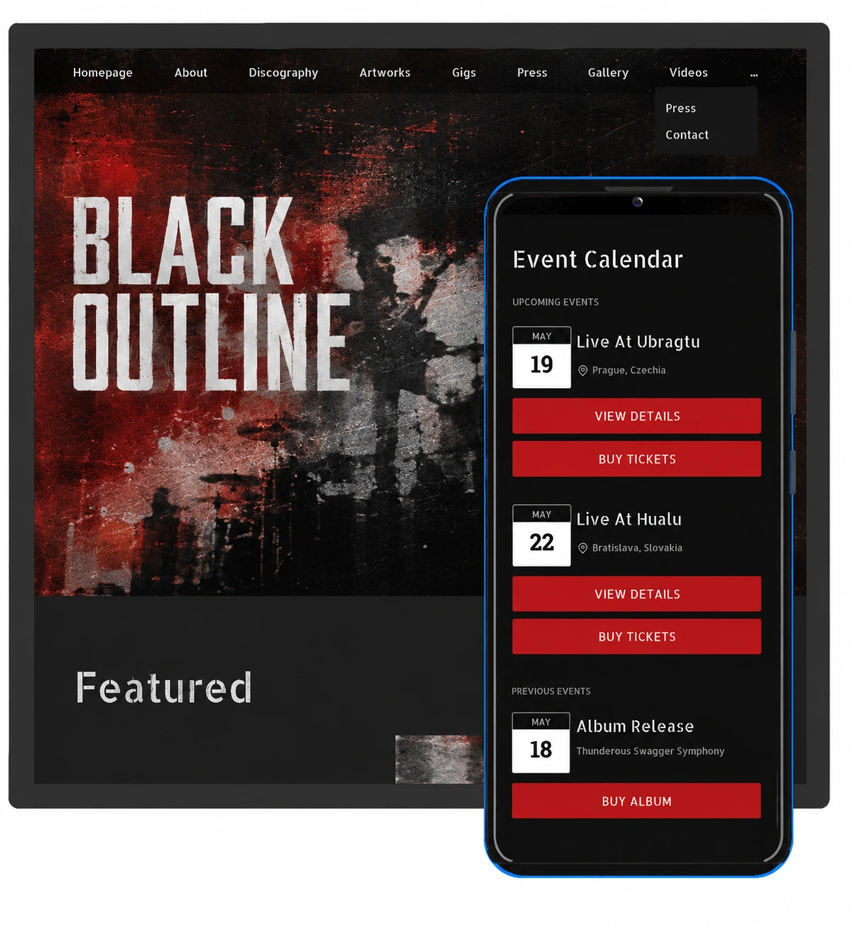 Noiseyard musician website builder mockup on mobile