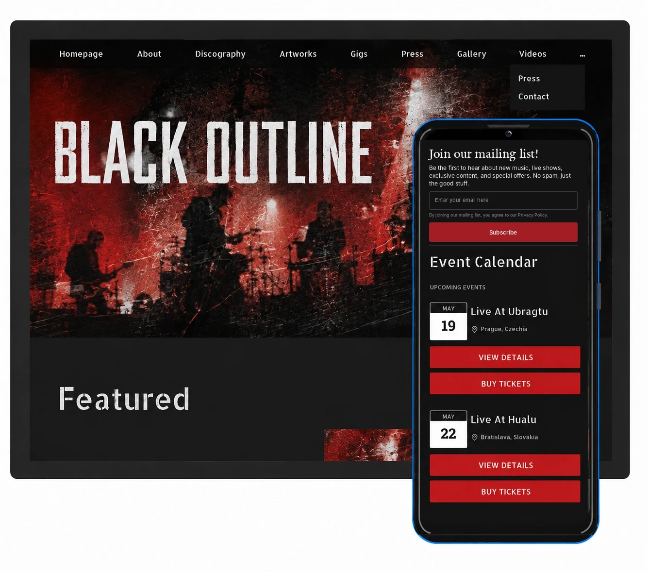 Noiseyard musician website builder mockups on multiple devices