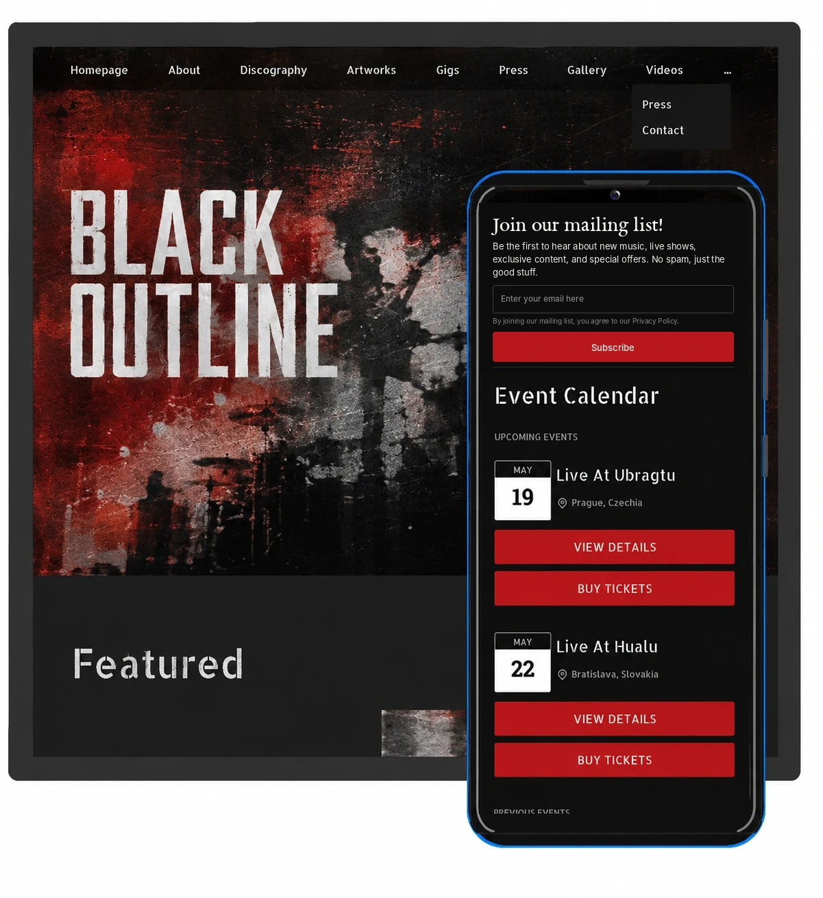 Noiseyard musician website builder mockup on mobile