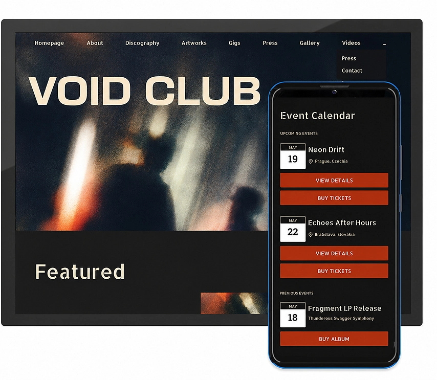 Noiseyard musician website builder mockups on multiple devices