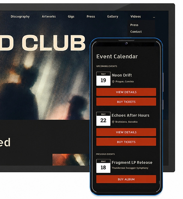 Noiseyard musician website builder mockup on mobile