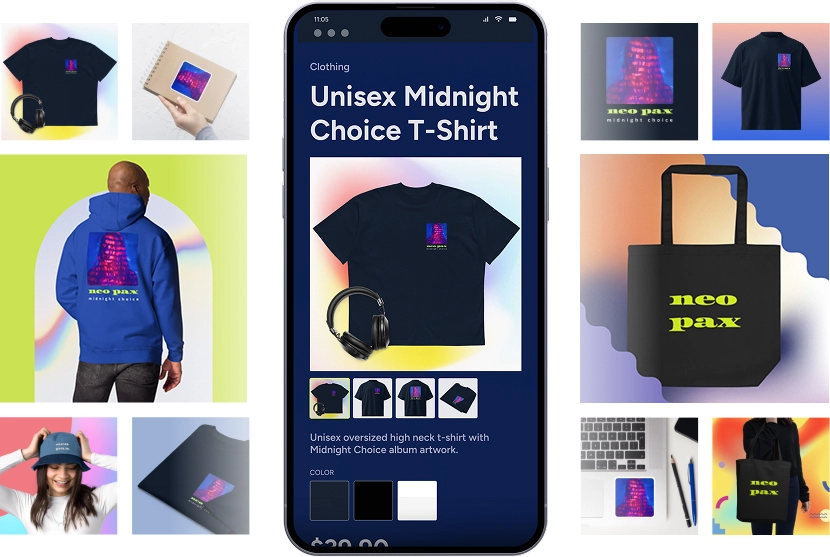 Noiseyard website builder for musicians, banner: Noiseyard print-on-demand integration: Printful