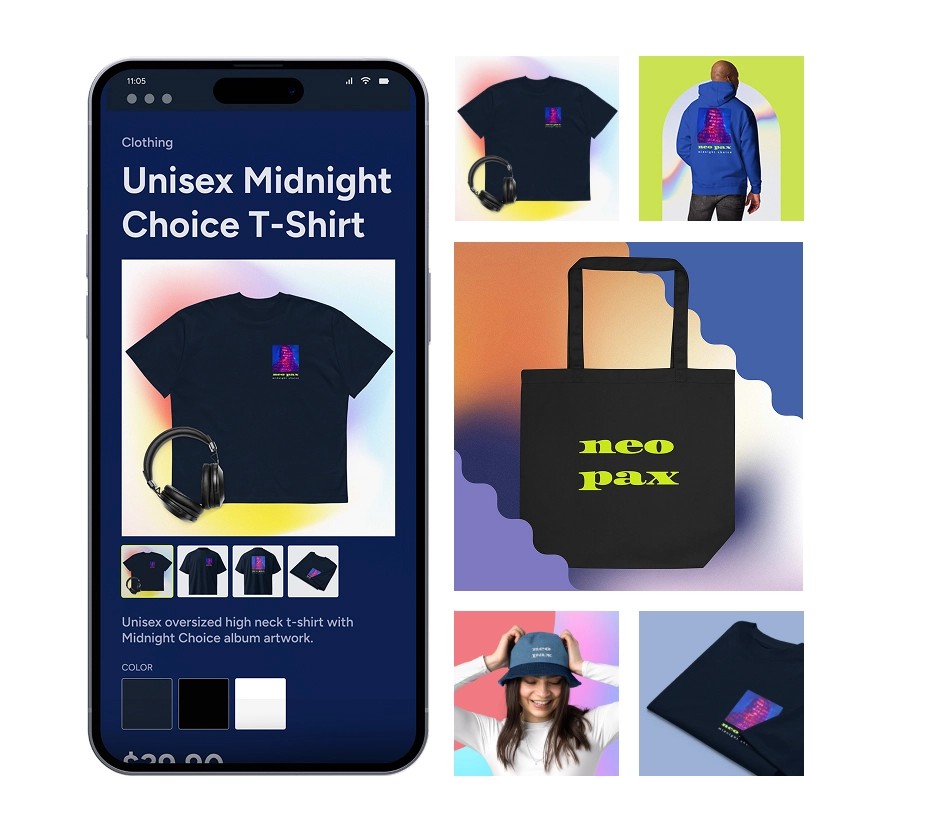 Noiseyard website builder for musicians, banner: Noiseyard print-on-demand integration: Printful