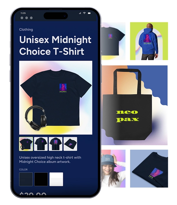 Noiseyard website builder for musicians, banner: Noiseyard print-on-demand integration: Printful