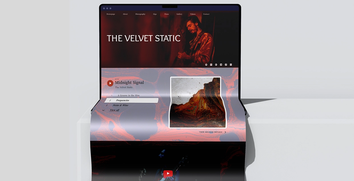 Noiseyard website builder for musicians, banner: Noiseyard EPK page shown on tablet
