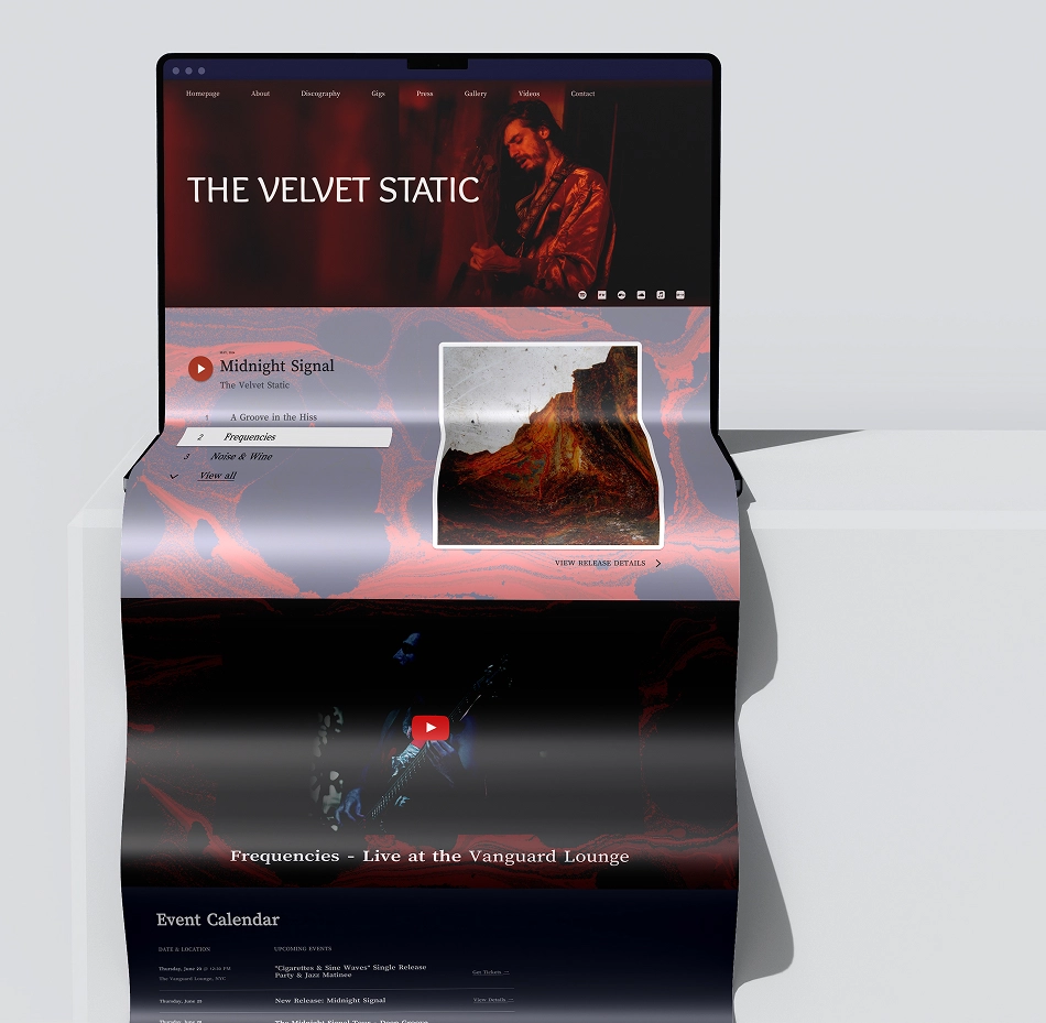 Noiseyard website builder for musicians, banner: Noiseyard EPK page shown on laptop