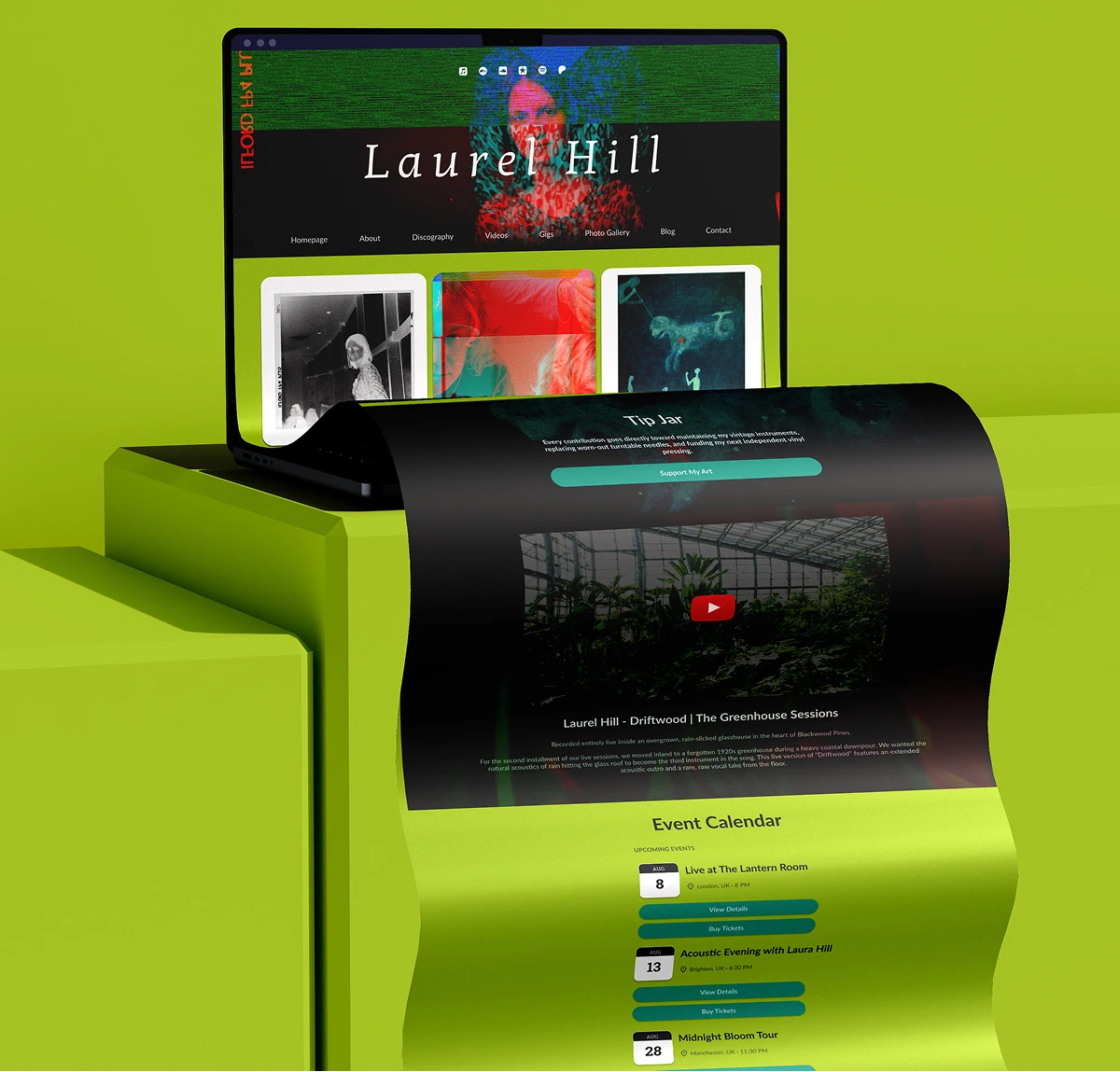 Noiseyard website builder for musicians, banner: Noiseyard website builder shown on laptop