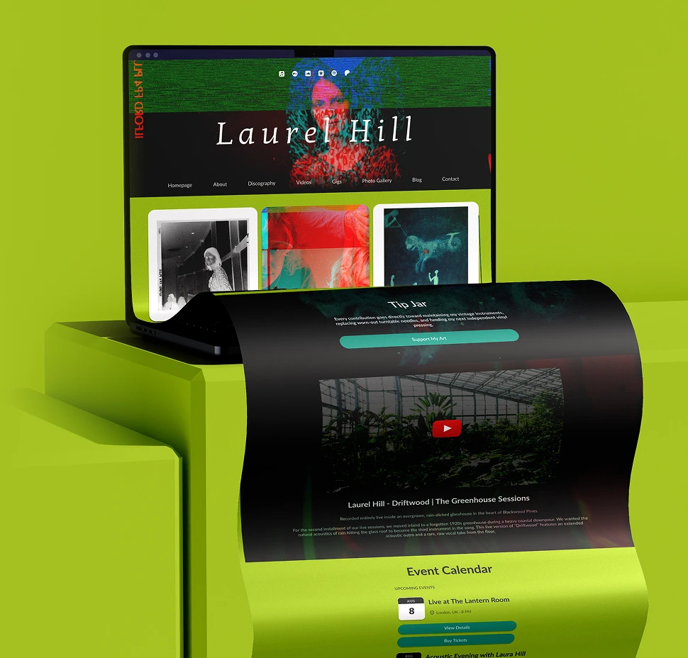 Noiseyard website builder for musicians, banner: Noiseyard website builder shown on laptop