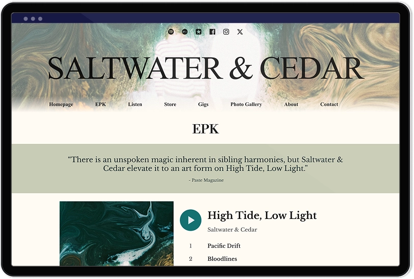 Noiseyard website builder for musicians, banner: Noiseyard EPK page shown on tablet.