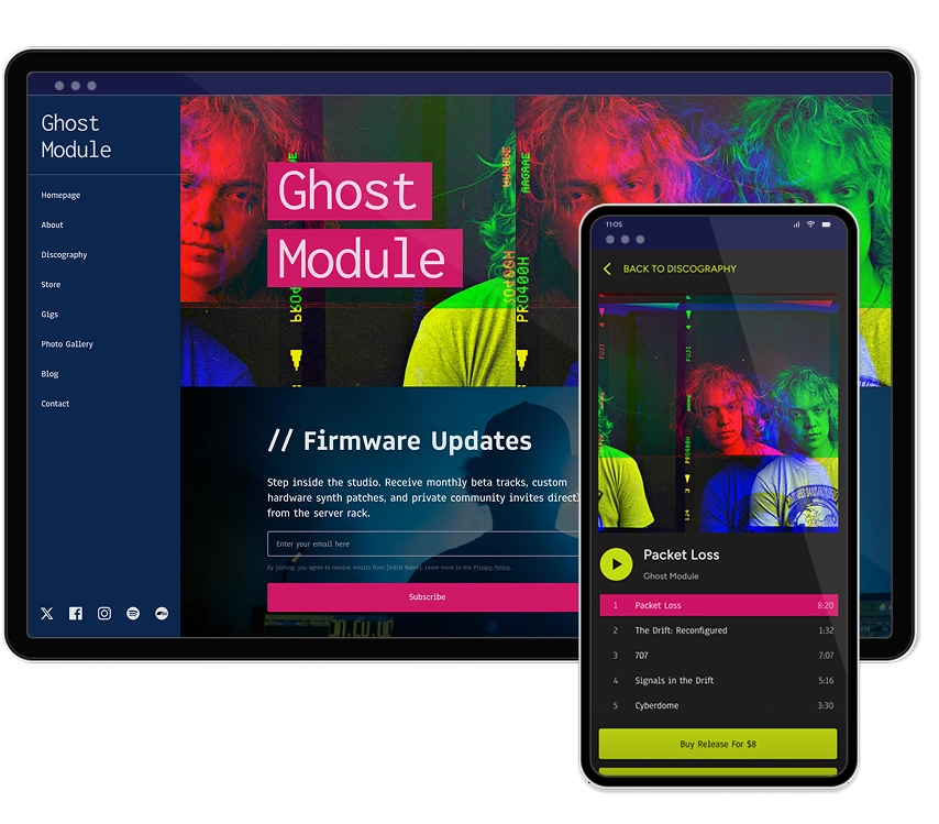 Noiseyard website builder for musicians, banner: Noiseyard musician website builder mockups on multiple devices