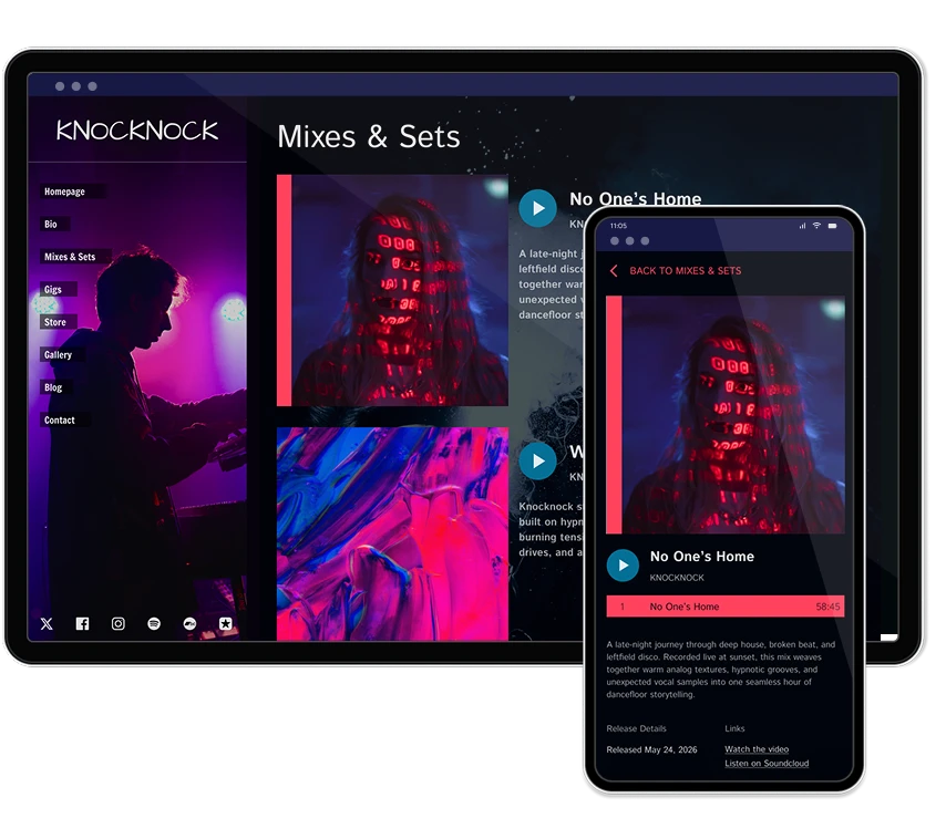 Noiseyard website builder for musicians, banner: Noiseyard musician website builder mockup