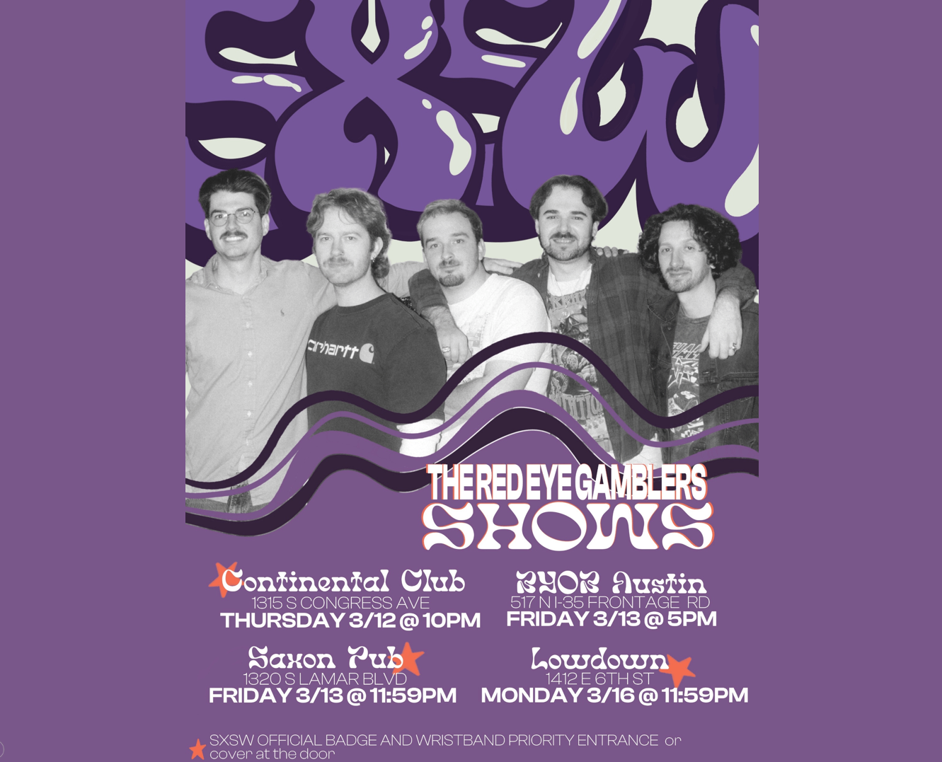 SXSW Continental Club: a poster with a group of people and a purple background