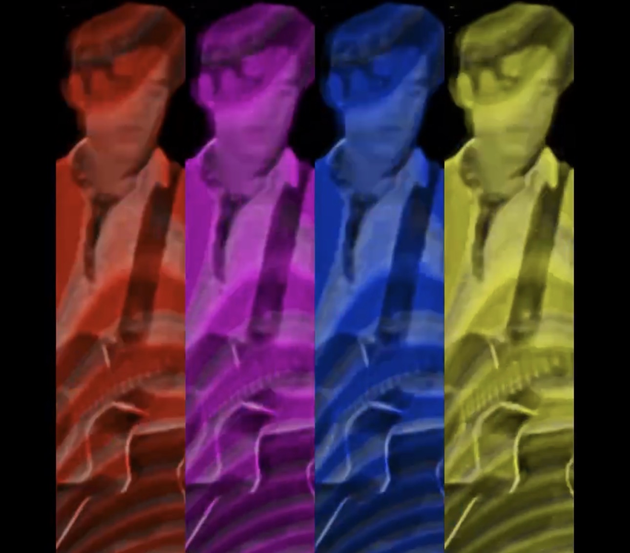 a man with a guitar in front of a colorful background