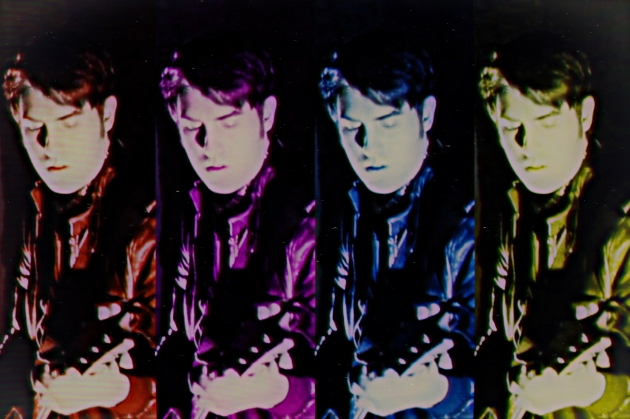 four different pictures of a man holding a guitar