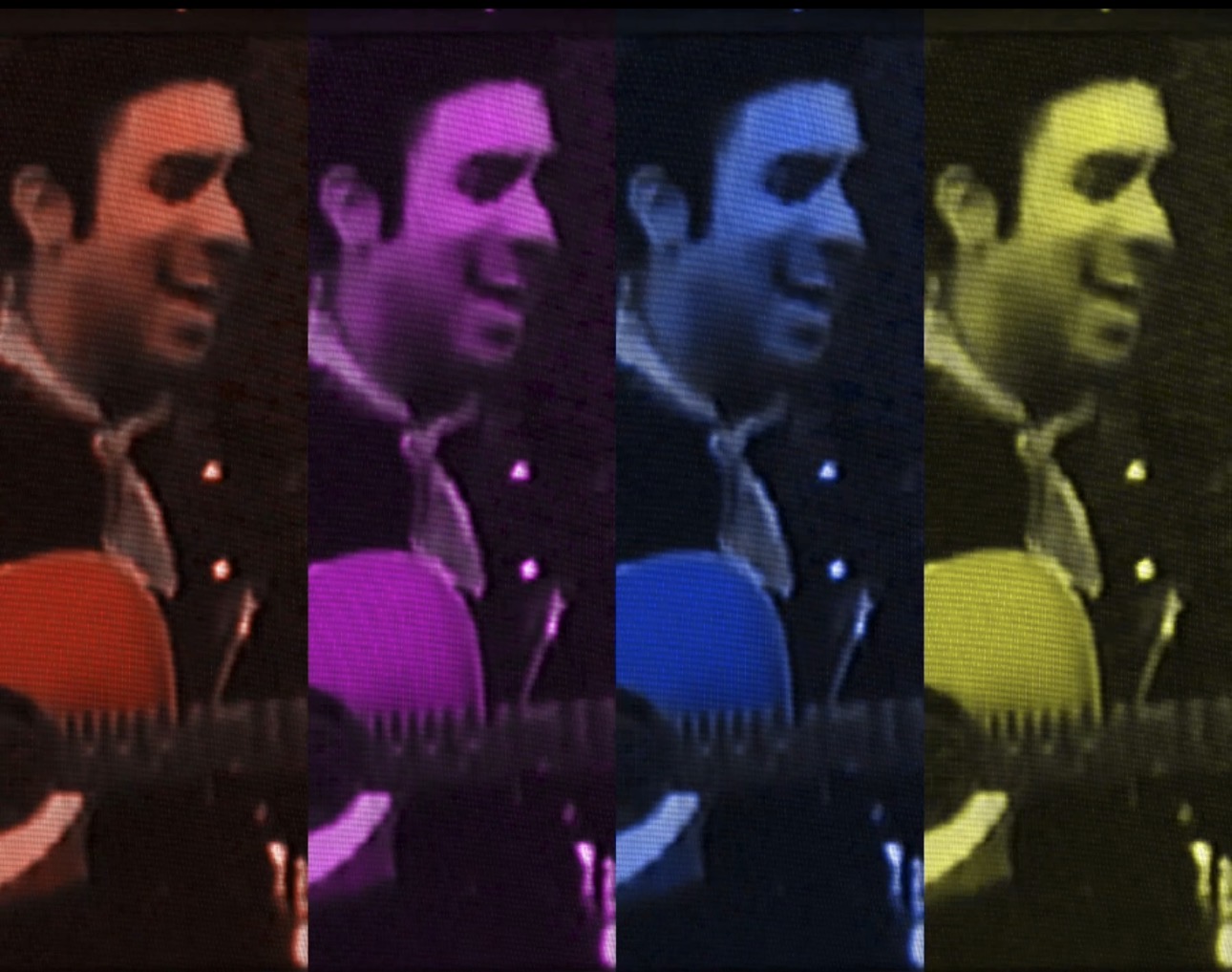 a man is playing an acoustic guitar in different colors